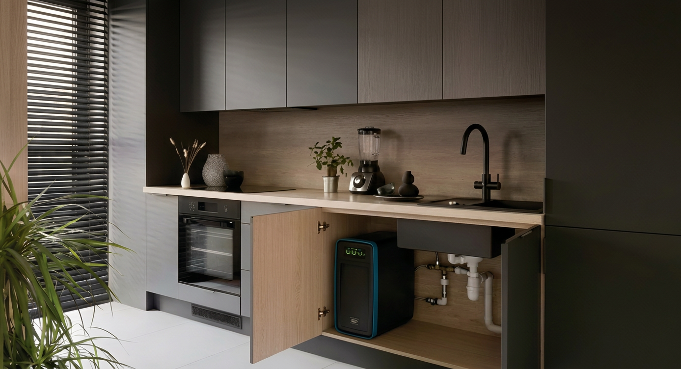 Dyspenser wody EcoWater Optimo z czarną baterią w nowoczesnej aranżacji kuchennej